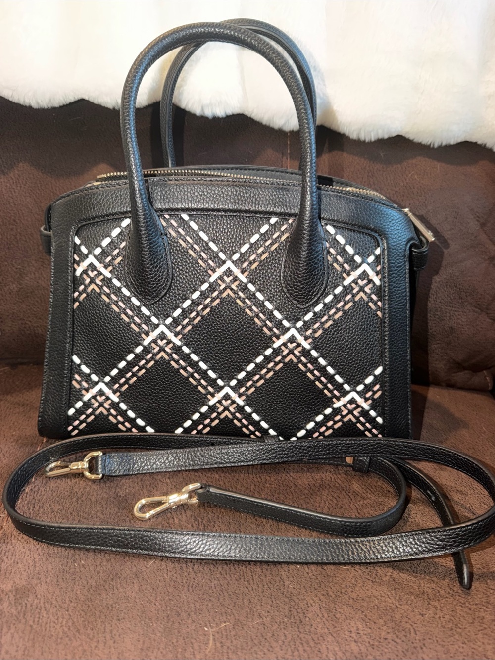 Kate Spade Knott Plaid Stitched Medium Black Zip Top Satchel Crossbody $428